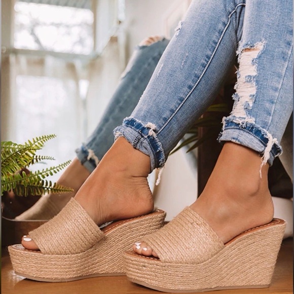 Jute Raffia Slip On Wedge Mules - Picture 3 of 10